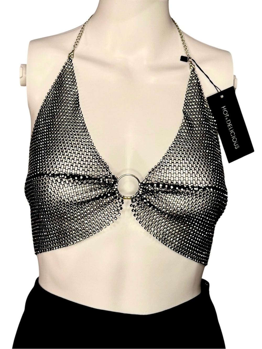 NWT Hot & Delicious Sparkly Mesh Halter Top M/L - Rhinestone Chainmail